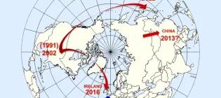 World map of the northern hemisphere with red arrows showing direction of infection