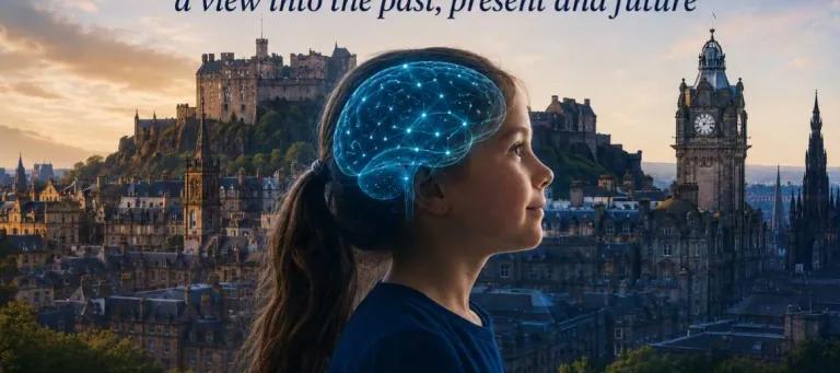 A young girl looking to the right with her brain lit up in front of the Edinburgh skyline