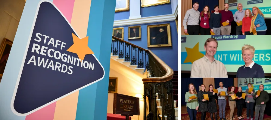 A compilation of photos from the 2022 CMVM staff recognition awards ceremony in Playfair Library. Award winners pose with awards