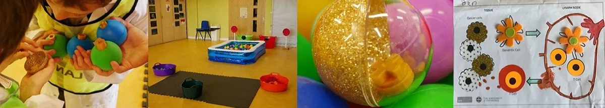 Four images of activities at Dunbar Science Club with balls being T-cells