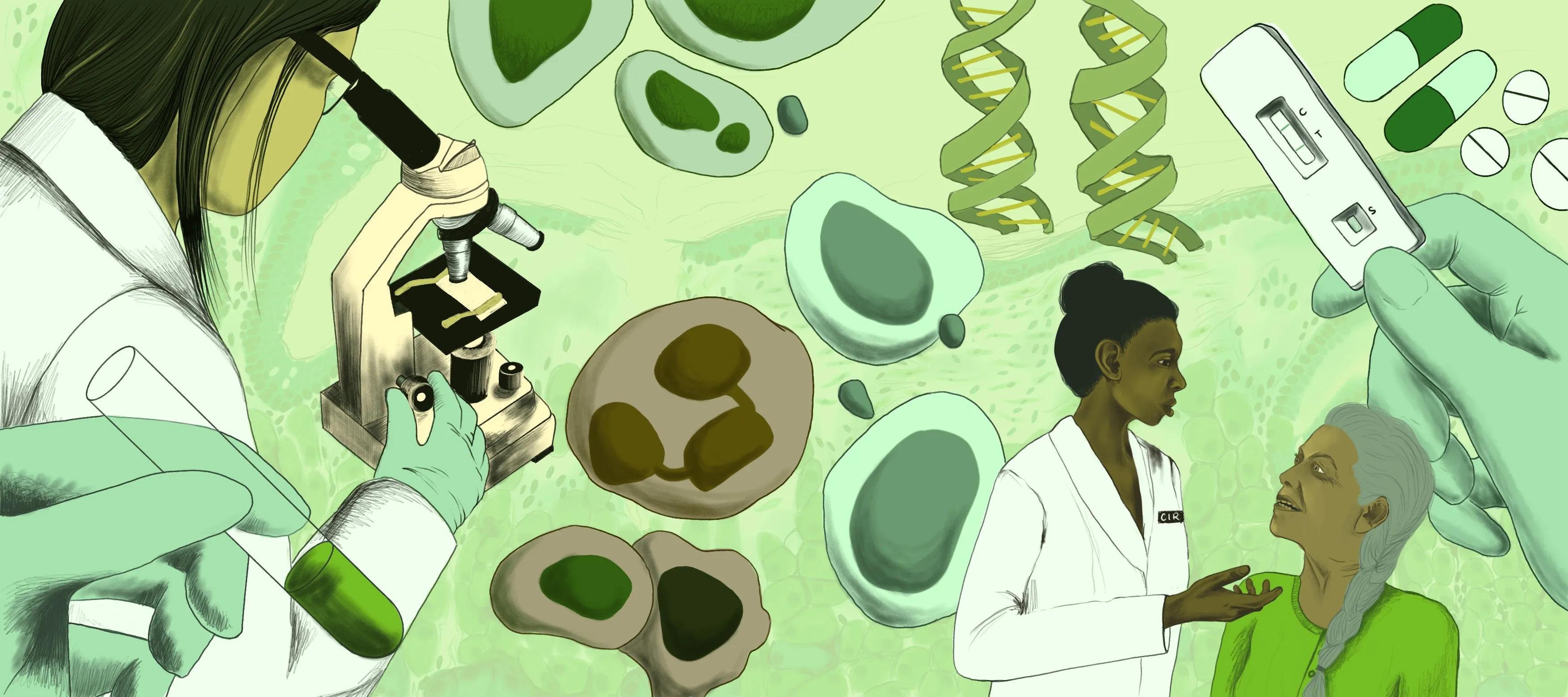 Illustration showing process of lab to clinic (scientist looks down microscope on left to patient having a discussion with a healthcare practitioner