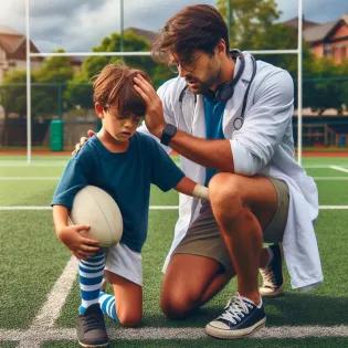 Small boy with with a rugby ball kneeling beside a doctor who is looking at his head where he has had an injury.