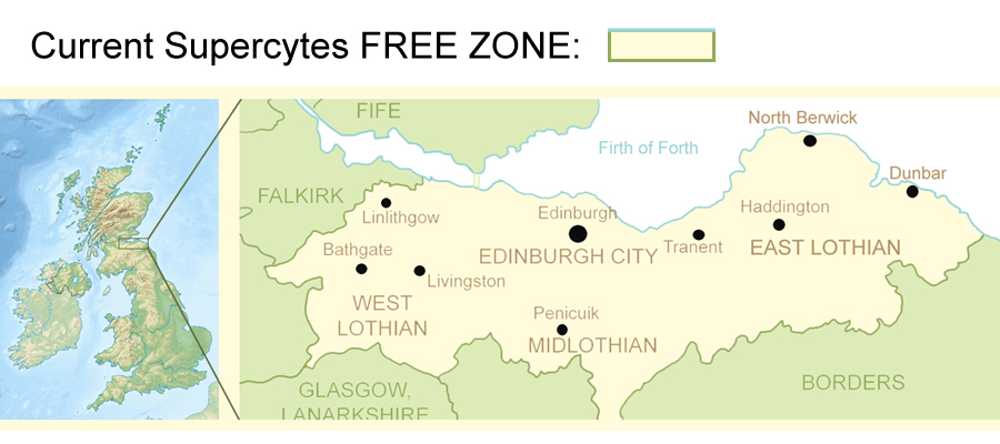 Map of Edinburgh and Lothians showing the free Supercytes zone