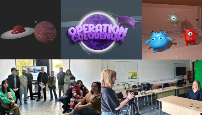 three cartoon images of planets and alien-like creatures and the text \"Operation Colodenum\", two photos of animation students