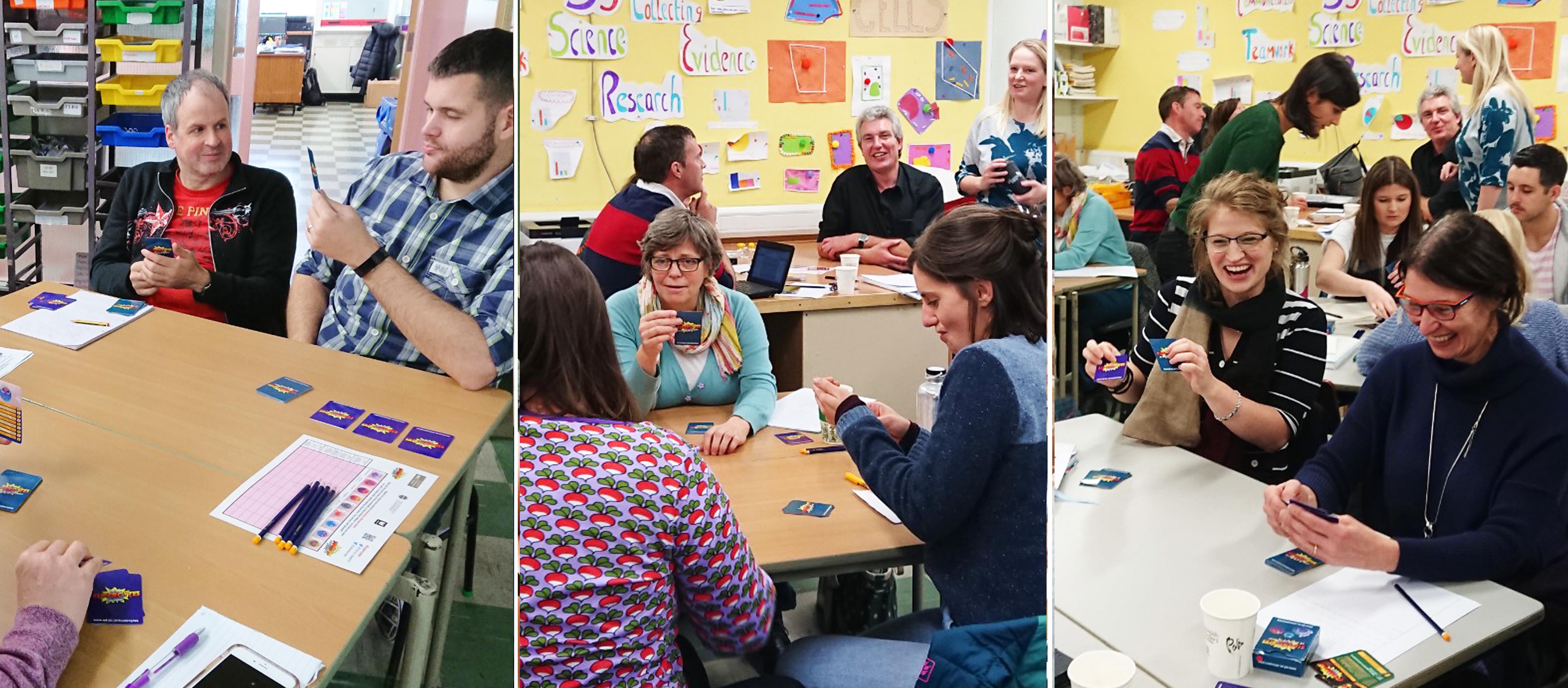 Teachers sat around tables playing the Supercytes card game